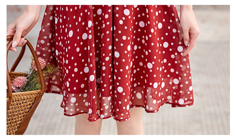 Đầm maxi nữ thắt eo cổ V in chấm bi đỏ — màu đen, màu đỏ chi tiết 30