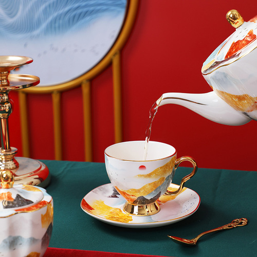 New Chinese Style Qianli Jiangtu Bone China Coffee Set with Coffee Cups, Saucers, Spoons, Flower Tea Set with Tea Cups and Teapot, Gift Box Set