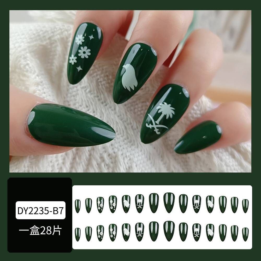 Uña verde oscuro blanco, uñas de almendra, venta caliente transfronteriza de un solo género de uñas 24 piezas de parche de uñas terminado