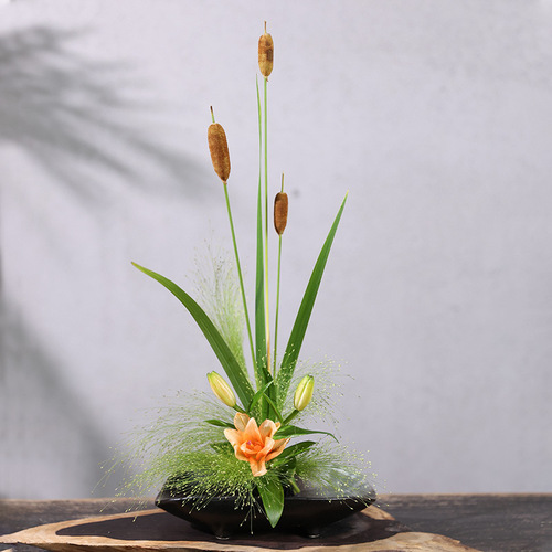 Japanese flower arrangement flower arrangement Ohara-ryu ikebana Chinese flower arrangement creative black Zen ceramic flower pot hydroponic flower tray