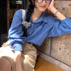 sisilyon 秋日原野~韩感显白蓝格子衬衫女小个子小众渐变格衬衣