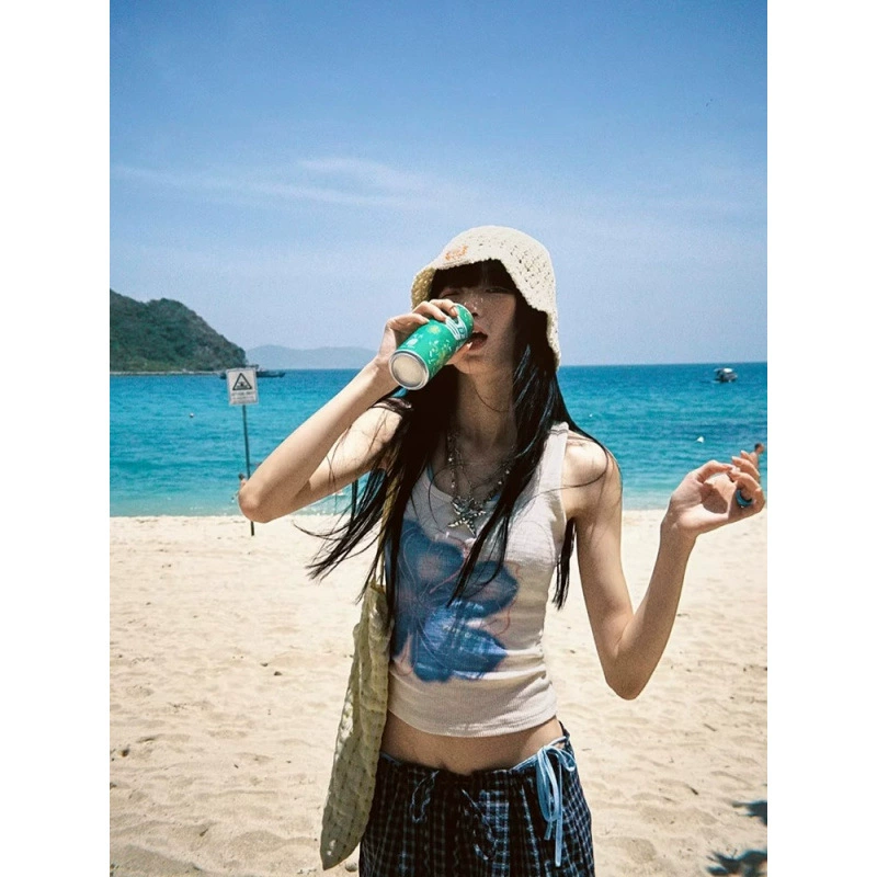 [Rayon Modal 1*1, вырезайте по своему желанию] Верхняя одежда с цветочным принтом, облегающий женский топ на бретельках, летняя рубашка, топ