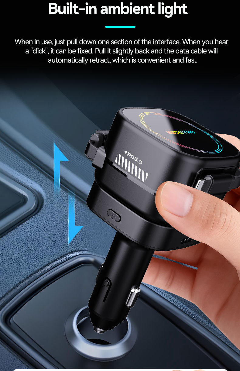 Cross-border new model car charger with ambient lighting, featuring a retractable cable, cigarette lighter socket, and window-breaking hammer – a four-in-one fast-charging car accessory