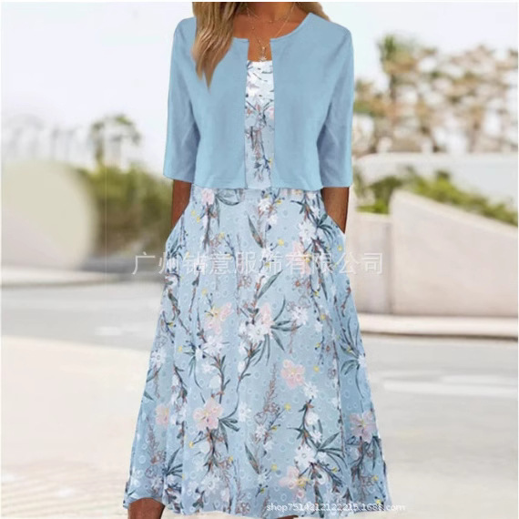 New Foreign Trade Printed Women's Sexy, Elegant, and Mature Style V-Neck Long Dress for Amazon Cross-Border E-Commerce