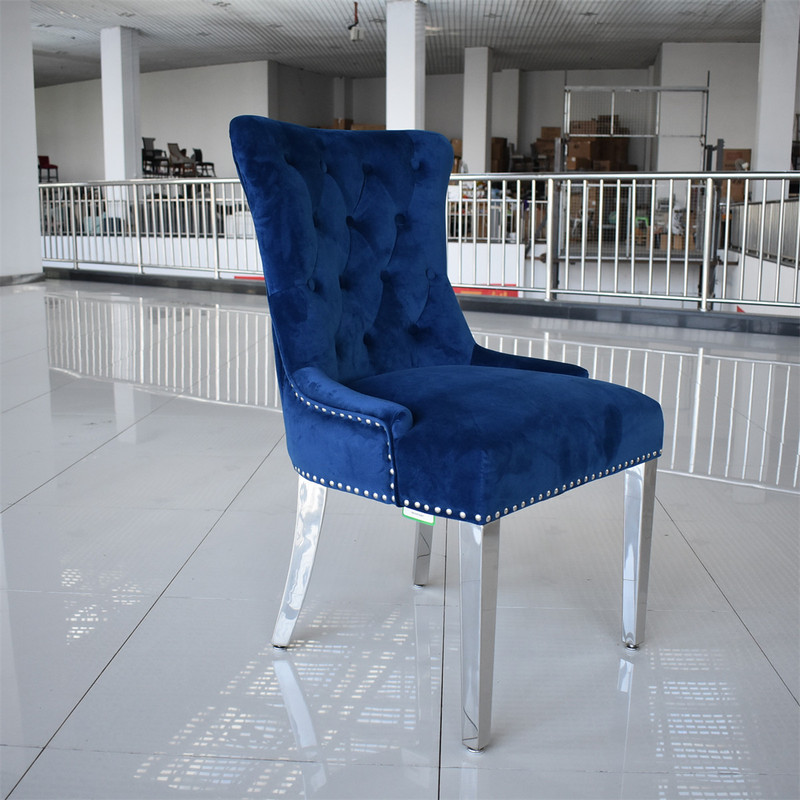 Blue Velvet Dining Chair with Pull Ring, Stainless Steel Legs, High Back, Hotel Club Dining Chair, Vip Chair Alliance