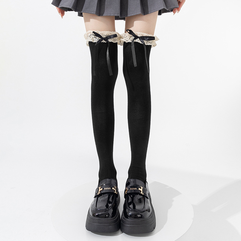 Botas de algodón sobre la rodilla calcetines de mujer Lolita encaje arco puro de la juventud floppy leche blanco ballet calcetines muslos