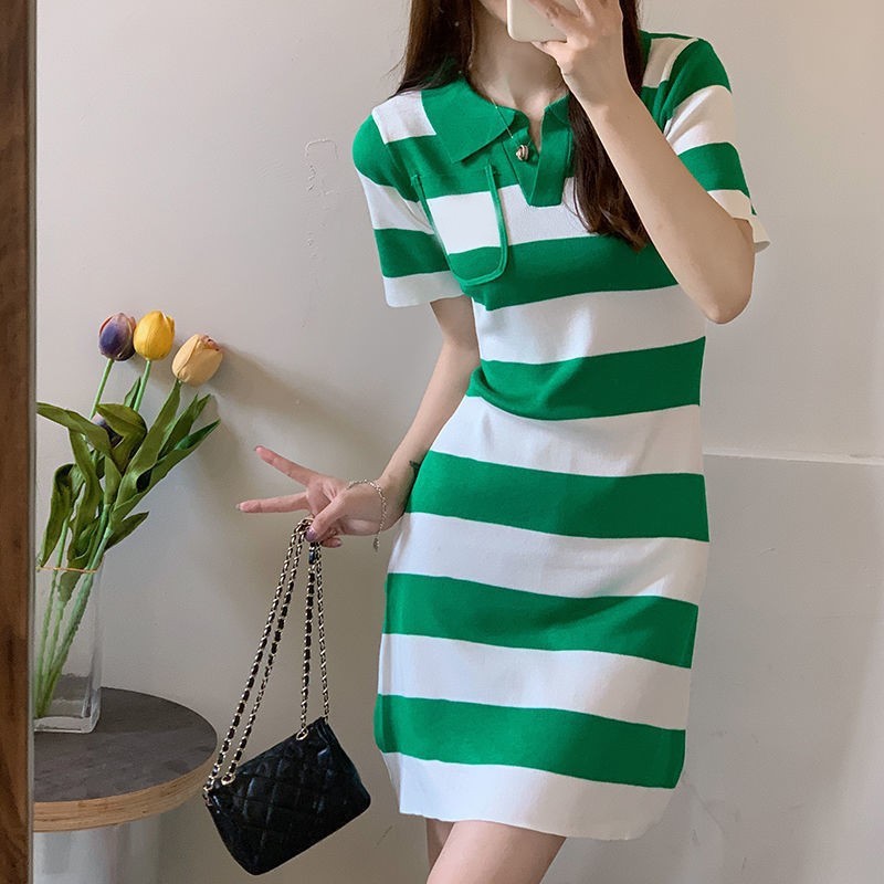 夏季新款小众设计遮肚子显瘦高级感休闲裙子polo领连衣裙收腰中裙