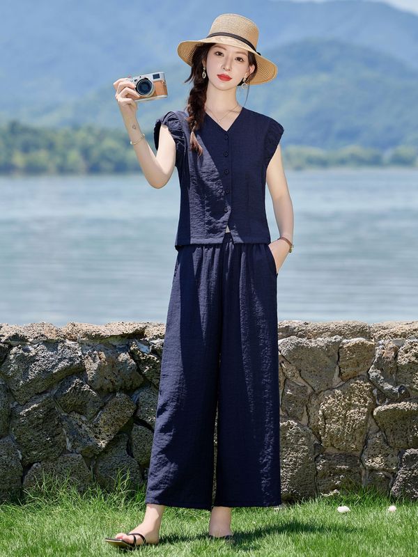 ファッションカジュアルスーツ 2025 夏の新女性のフィット V ネックシャツストレートパンツツーピースパンツセット LB2869|undefined