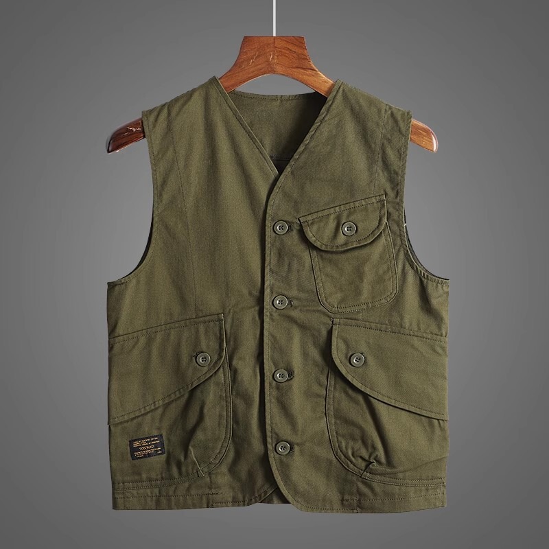 American-Style Trendy Multi-Pocket Cargo Vest for Men, Ami Khaki Short Japanese Retro Casual Vest Jacket Top