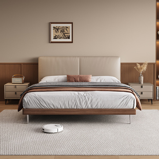 Thin Bedside Leather Bed, Minimalist Master Bedroom Soft Bed, Modern Simple Wedding Bed, High-End Leather Art Bed, Small Apartment Edge-To-Edge Bed