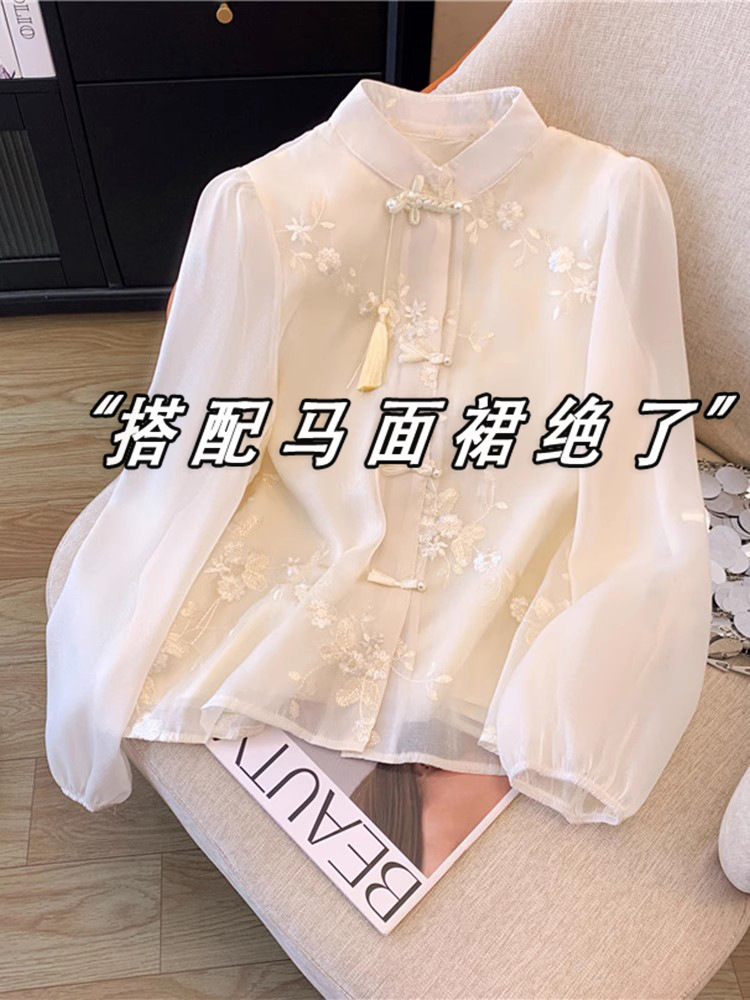 新中式国风雪纺衬衫女秋装广东普宁上班可穿汉服唐装配马面裙上衣