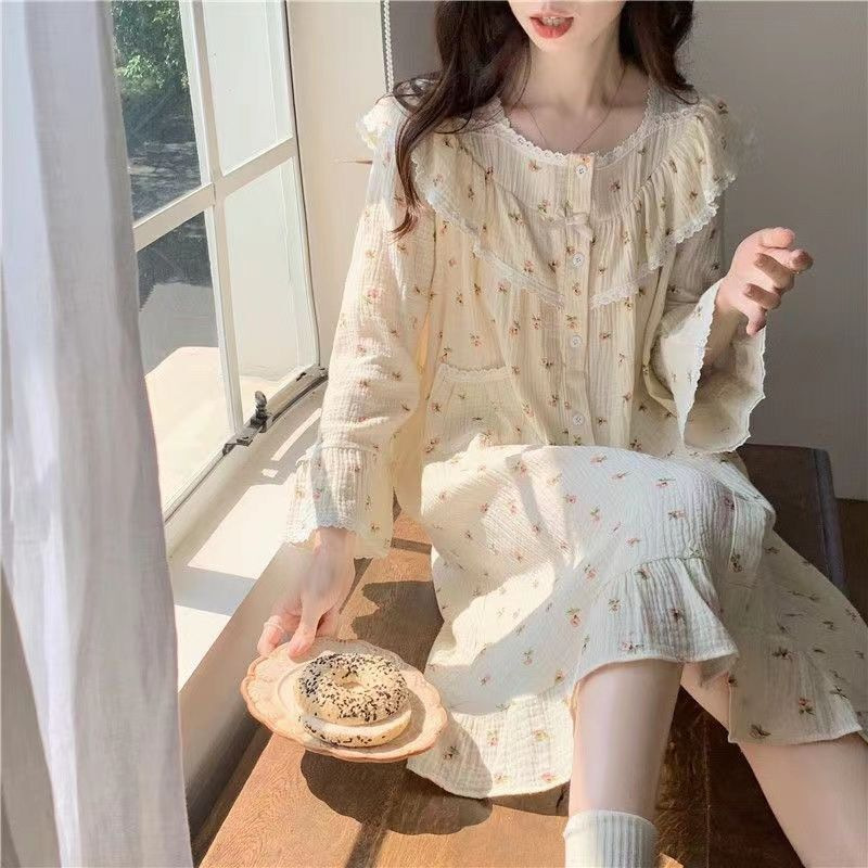 Pijamas de las mujeres de primavera nuevo estilo de la princesa japonesa dulce floral de manga larga de longitud media camisón se puede usar fuera de casa desgaste