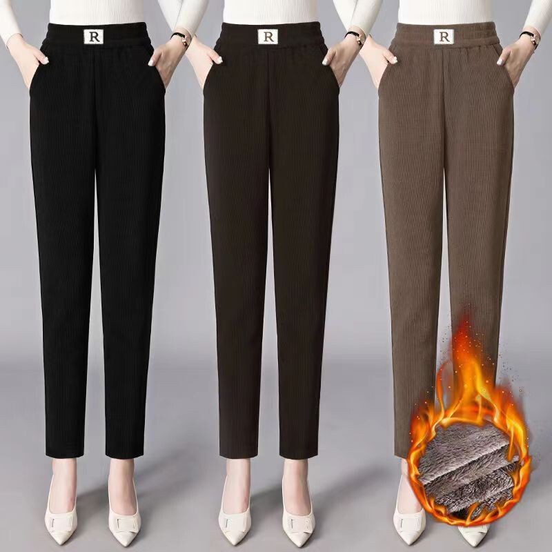 Autumn and Winter Fleece-Lined Thickened Chenille Harem Pants for Women, Loose Plus-Size R-Label Casual Pants, Straight-Leg Pants with Pockets, Corduroy