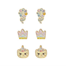 跨境欧美儿童耳钉三对小花皇冠独角兽猫咪环保滴油耳钉饰品
