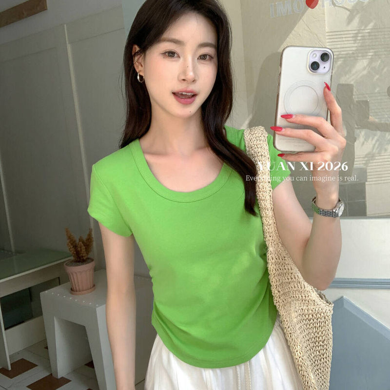 Yuanxi Stylish U-Neck Waist-Cinching Short-Sleeve T-Shirt for Women, 2026 Summer New Slim-Fit, Fitted, Versatile Top Yuanxi Stylish U-Neck Waist-Cinching Short-Sleeve T-Shirt for Women, 2026 Summer New Slim-Fit, Fitted, Versatile Top