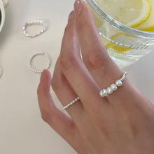 S925纯银法式碎银子珍珠戒指女简约小众弹力绳时尚叠戴风潮食指环