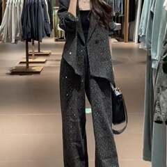2025秋季新款高级感不规则亮闪闪西装外套女搭高腰阔腿裤两件套