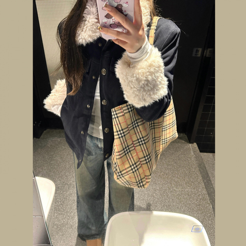 美式藏蓝色夹棉加厚外套女2025冬季新款羊羔毛拼接设计感短款上衣