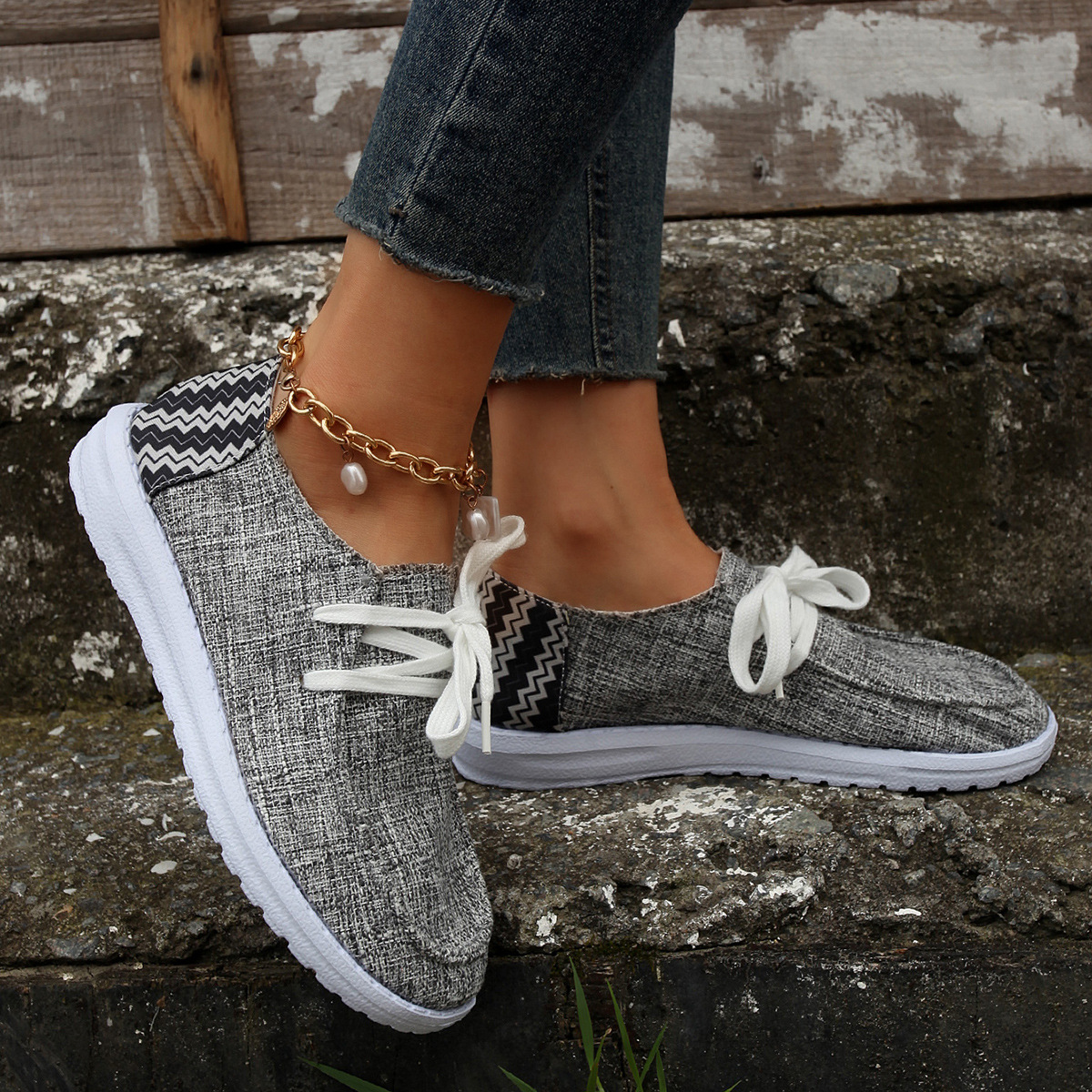 Women's Shoes large size color matching low top shoes flat round head graffiti canvas breathable sneakers _voghion.com