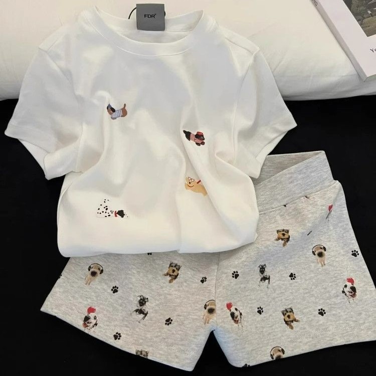 卡通腊肠狗印花短袖短裤睡衣女款夏季2025新款修身舒适家居服套装