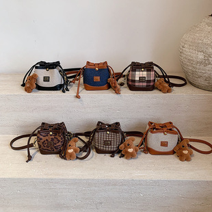 Drawstring Contrast Color Bucket Bag Women's Shaomai Bag Children's Bag Mini Headphone Bag Textured Fashion Shoulder Crossbody Bag