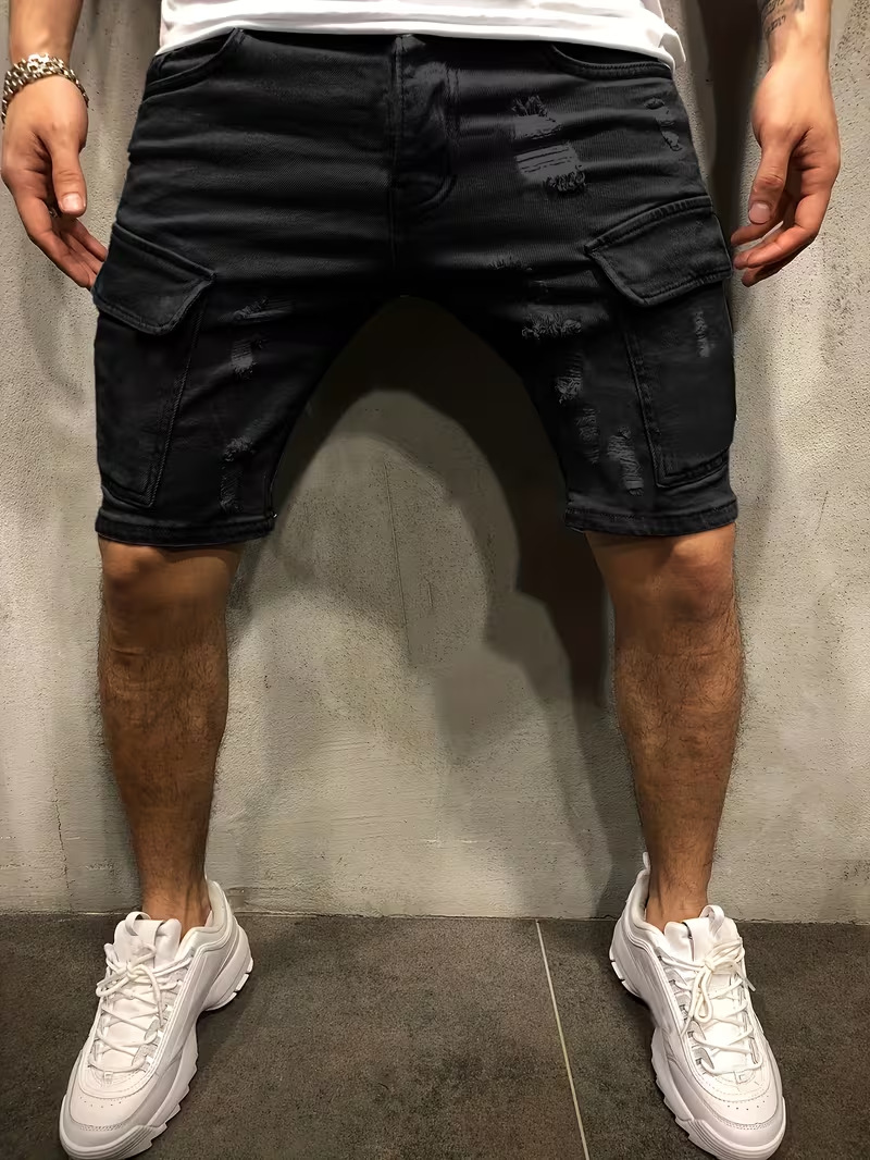 Men's Ripped Denim Shorts, Summer Stretch Cotton Cargo Shorts With Side Pockets, Slim Fit Casual Streetwear Style_viptrois.com