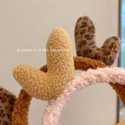 【】Korean cute leopard print antlers headband women's face wash headband women's headwear Christmas headband hairpin