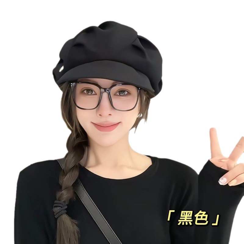 褶皱云朵帽子女2025年韩版八角帽大头围显脸小时尚个性小众贝雷帽|undefined
