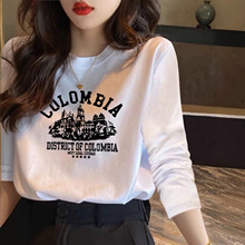 正肩长袖纯棉纯棉宽松T恤女上衣2025春季秋冬加绒圆领内搭打底衫