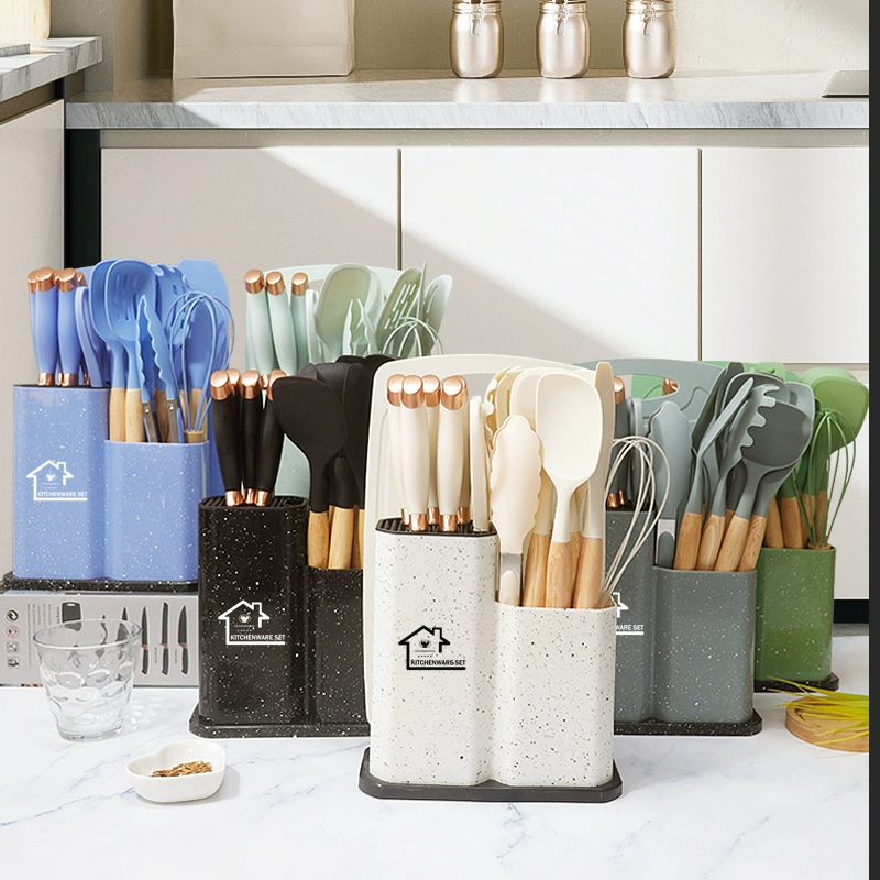 19-piece silicone kitchenware set, marble pattern with knife and holder, Nordic colors