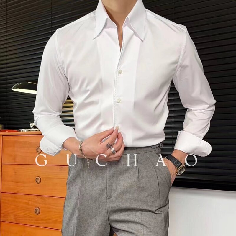 French-Style Large Pointed Collar Shirt for Men, Long-Sleeved, High-End, Slim Fit, Stylish, Wrinkle-Free V-Neck Shirt, Business Casual, Autumn Season