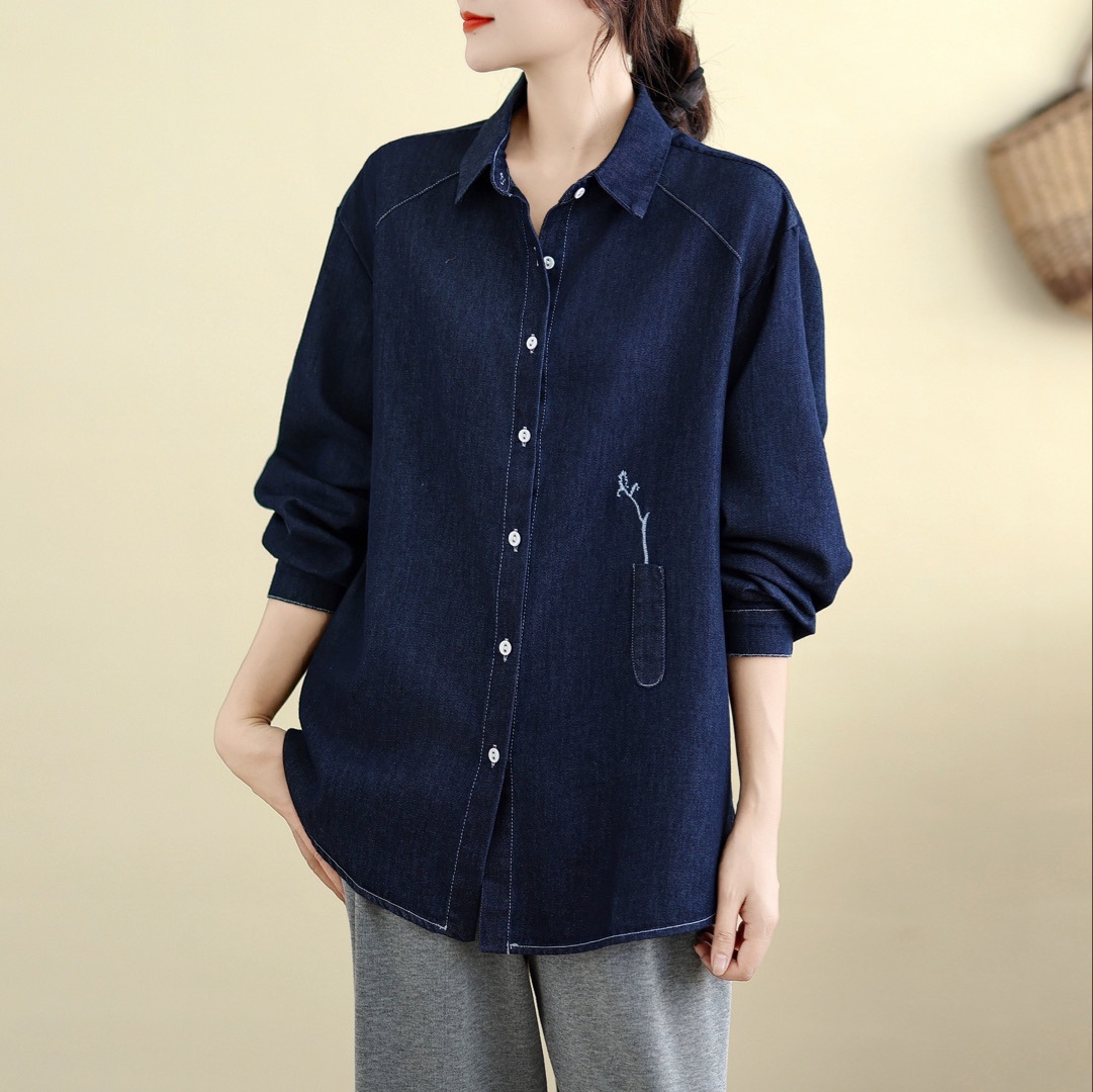 Autumn New Arrivals Japanese Style Retro Washed Embroidery Loose Turn-Down Collar Versatile Denim Long-Sleeve Shirt for Women Casual
