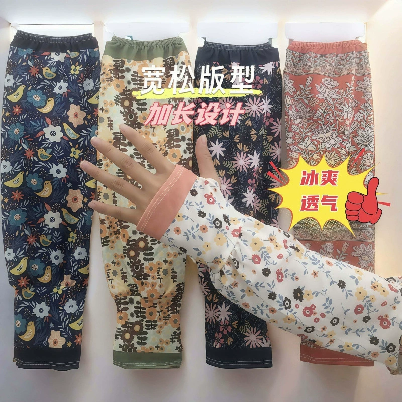 Летние тонкие рукава для работы на ферме, езды на электрических велосипедах, защита от солнца, ледяные рукава, свободные женские рукава из ледяного шелка с цветочным принтом.