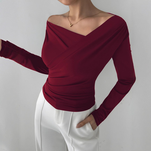 European and American cross-border 2025 autumn and winter new solid color fashion off-shoulder collar off-shoulder slim long sleeves versatile commuter top