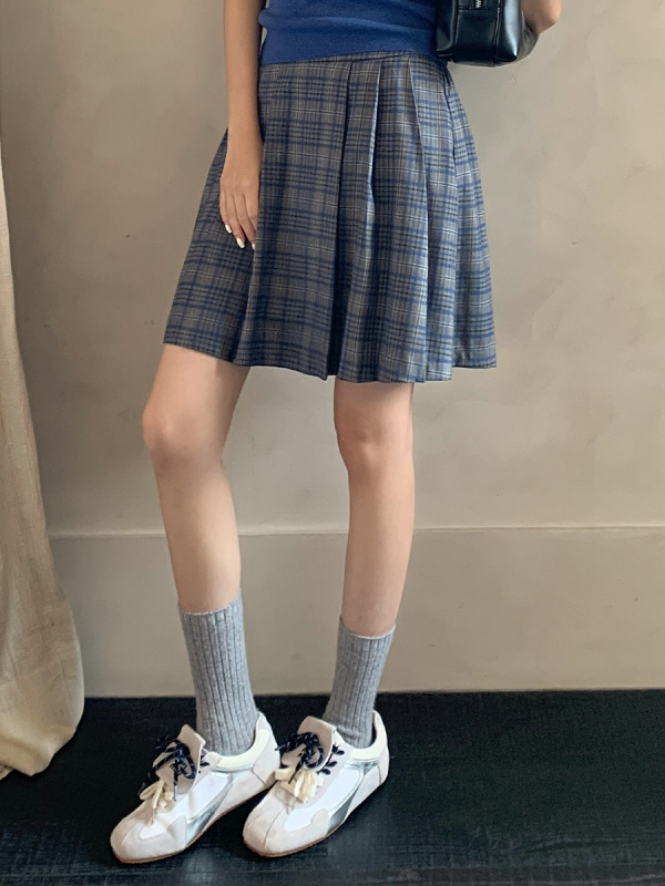 衣尔衫 英伦街道 格纹复古百褶裙半松紧腰半身裙女短裙气质0626|undefined