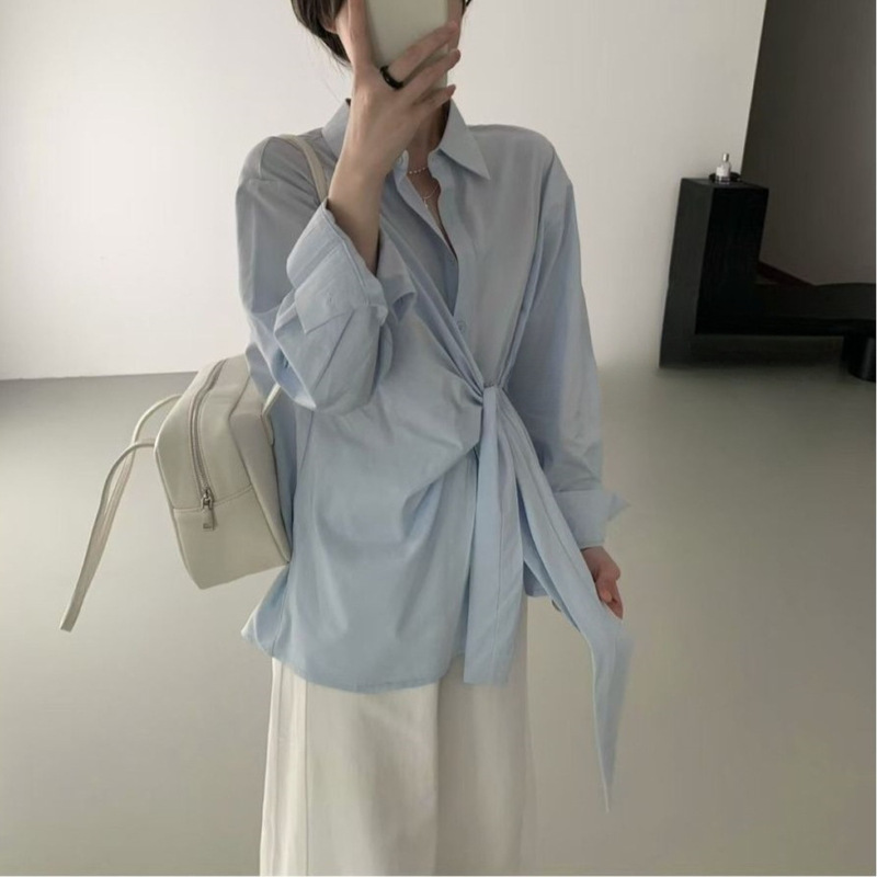 韩系设计感绑带气质长袖衬衫显瘦收腰侧边系带衬衣气质上衣女白色|undefined