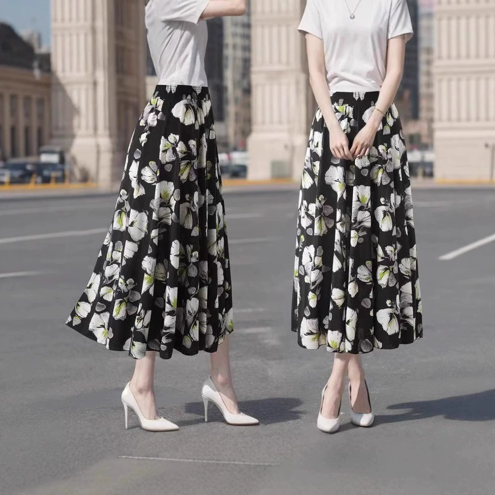 Летняя тонкая юбка для женщин среднего и старшего возраста, высокая талия, широкий подол, плиссированная, 2025 новая модель, длинная юбка из ледяного шелка