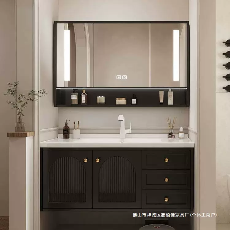 法式中古浴室柜组合洗手智能洗漱台陶瓷一体洗脸盆实木卫生间套装