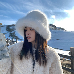 Xibens Hat Women's Winter Faux Fur Fisherman Hats White Fluffy Fur Show Small Face Warm Faux Fur Earflap Lei Feng Hat 