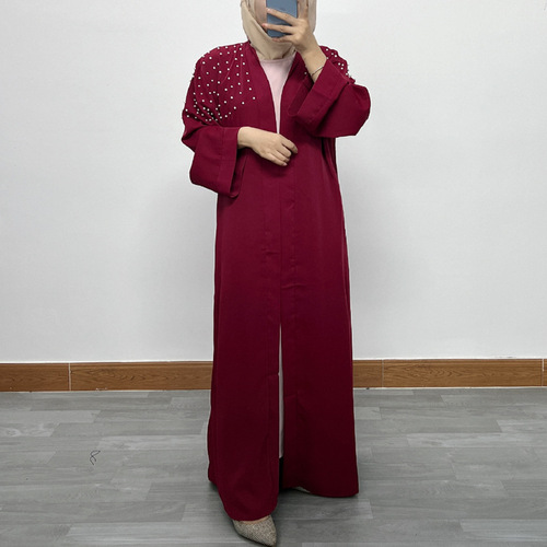 F949 Women's Long Dress Abaya, Middle Eastern Dubai, Pearl-embellished, Plus Size Open Cardigan Robe