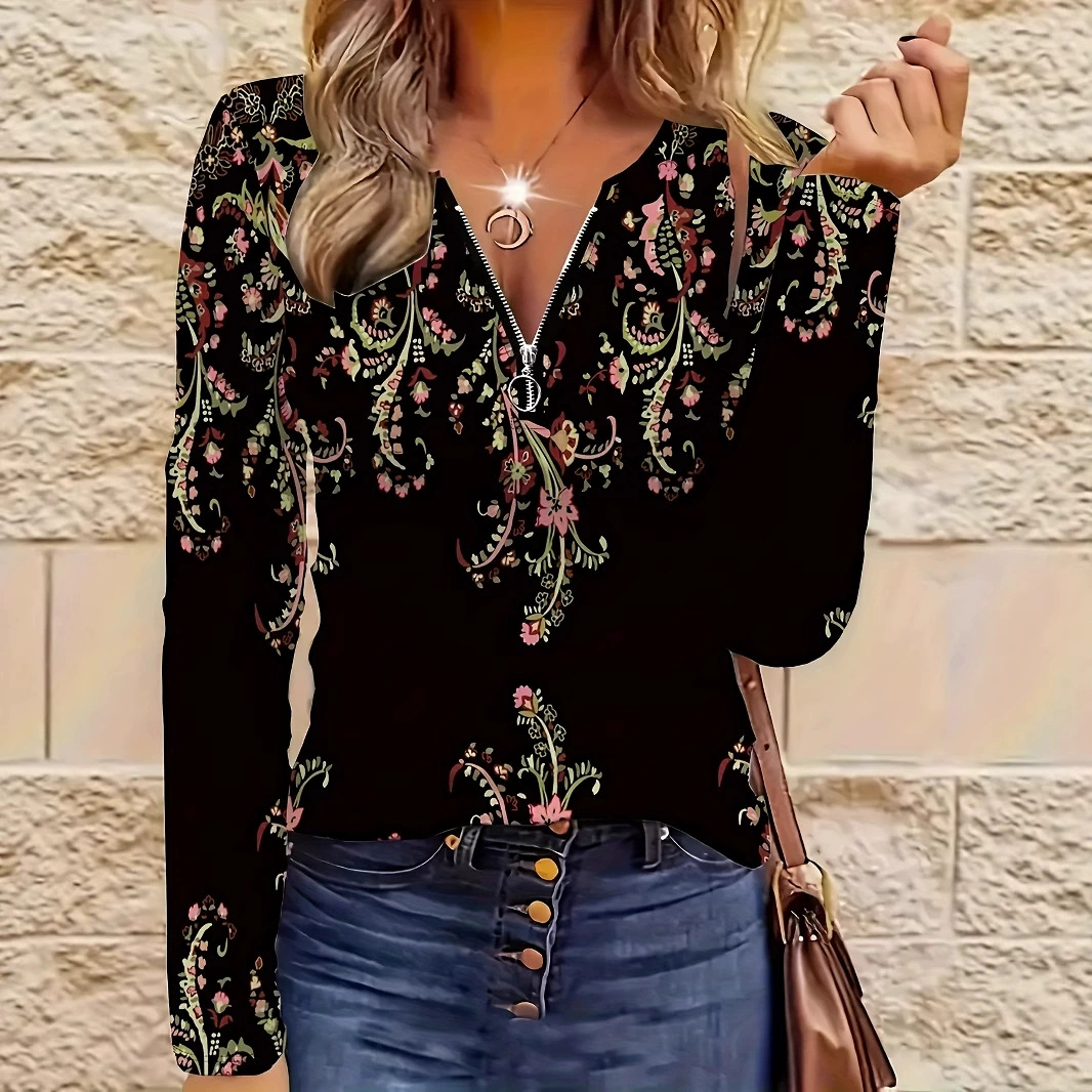 Европейская и американская женская одежда для трансграничной торговли, новинка Amazon: рубашка с коротким рукавом и цветочным принтом, с V-образным вырезом, длинный рукав, очень большой размер, повседневная и элегантная.