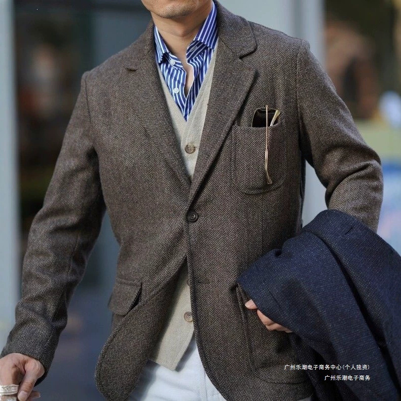 Autumn and Winter British Retro Style Tweed Wool Herringbone Casual Hunting Suit Jacket for Men, Plus Size Trendy Men's Fashion