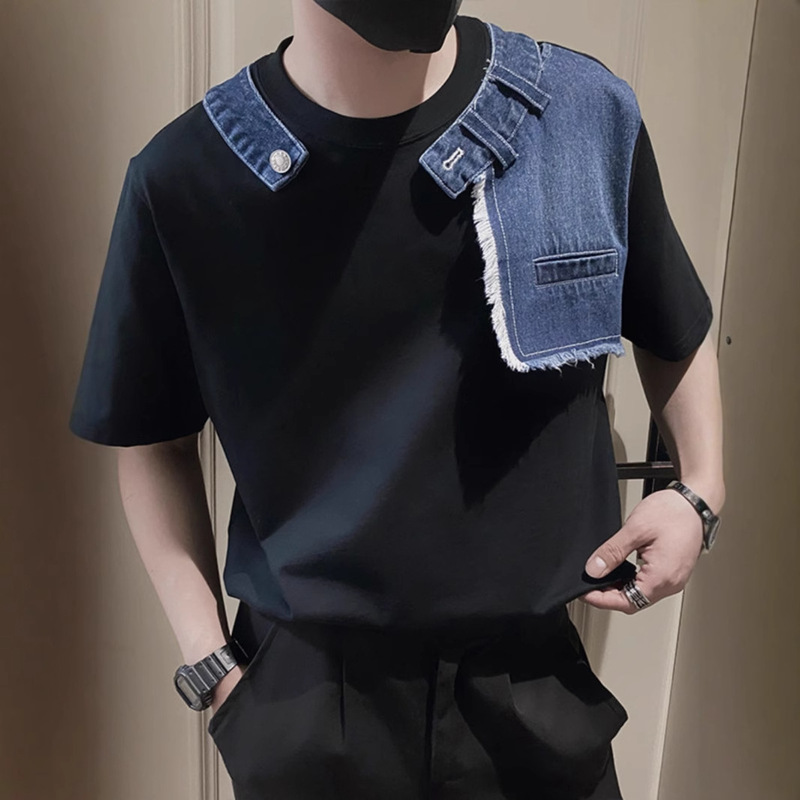 Denim Stitching Short-sleeved Men's Summer New Fashion Brand Design Sense Niche Boys' Clothes High-end Sense Men's T-Shirt Fashion