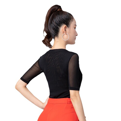 Latin dance clothes tops for women with crotchless new dance clothes mesh national standard body practice clothes with mid-sleeves