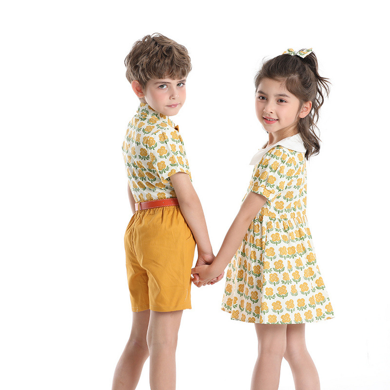 Impresión pastoral de verano con solapa camisa de mangas cortas para niños pantalones cortos dos piezas set coreano para niños y niñas show dress set