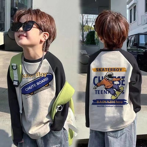 Boys' Long-Sleeve T-Shirt Spring and Autumn Outfit 2025 Children's Base Shirt for Older Children, Boys' Street Style T-Shirt Top Trendy