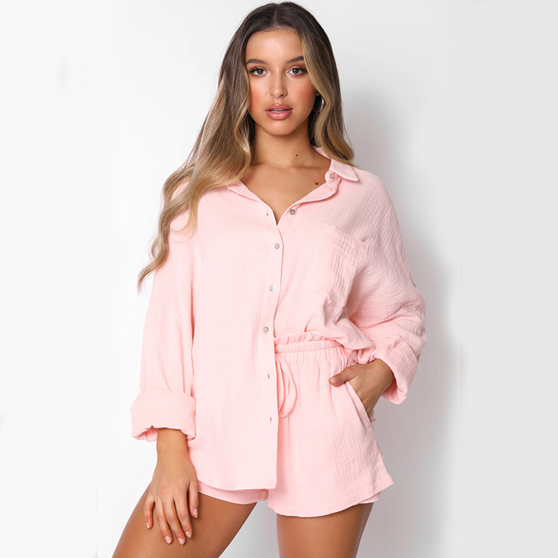 spring and autumn single-breasted cardigan loose top high waist shorts two-piece suit NSFD28500