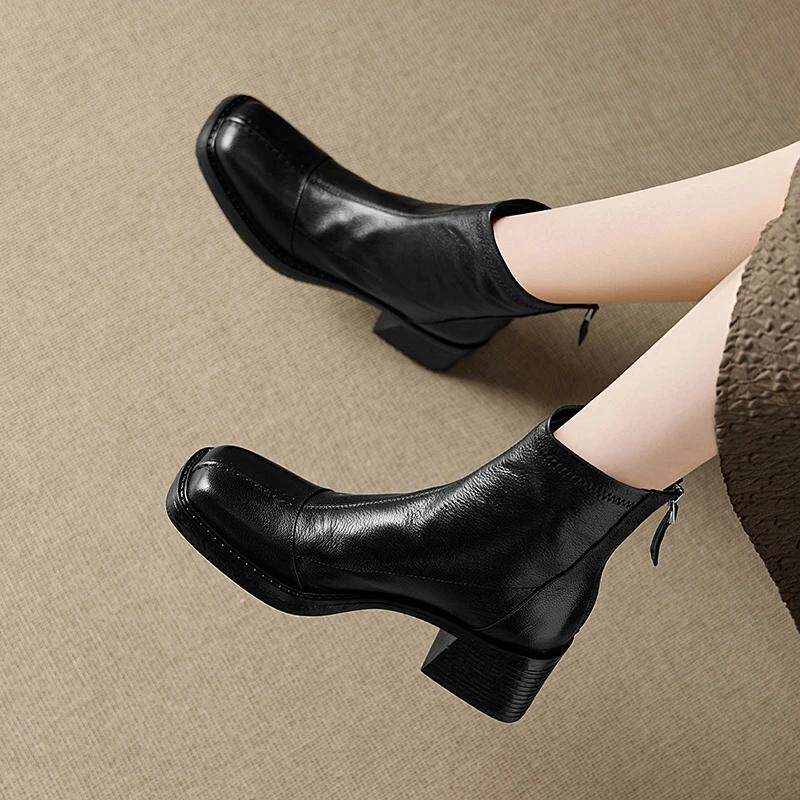Bốt ngắn nữ mũi vuông da bò gót dày 6 cm khóa kéo sau — Màu nâu (lớp lót nhung 6cm) có sẵn hàng, Màu nâu (lớp lót đơn 6cm) có sẵn, Màu đen (lớp lót nhung 6cm) có sẵn hàng, Màu đen (lớp lót đơn 6cm) có sẵn hàng