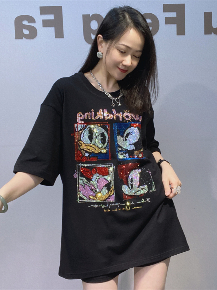 Camiseta de algodón de mujer europea y americana de mangas cortas de verano industria pesada caliente de diamantes para hombres y mujeres camiseta negra media camiseta gran estilo de viento lento