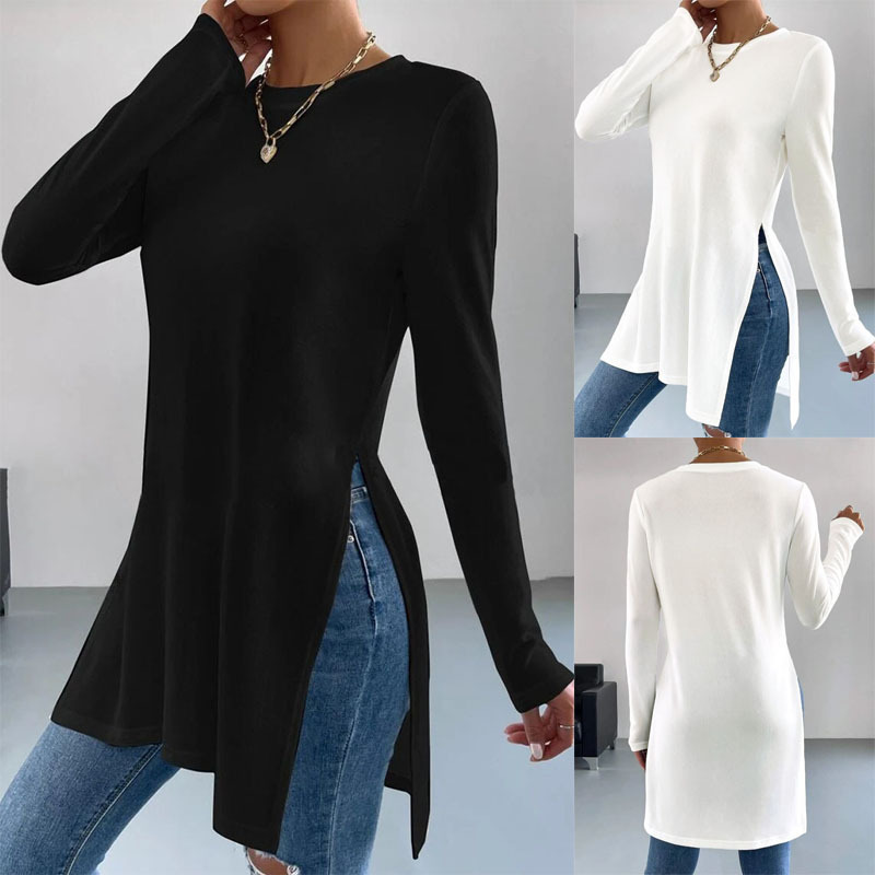 2025 Cross-Border European and American Foreign Trade Hot-Selling Autumn and Winter Casual Side-Slit Hem Solid Color Round Neck Long-Sleeve T-Shirt